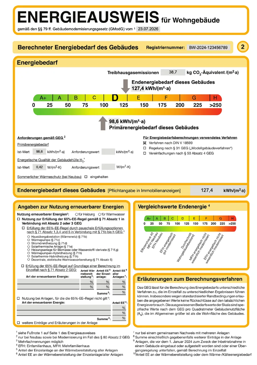 Amtliches Muster: Energieausweis für Wohngebäude, Seite 2 — Endenergiebedarf 127,4 kWh/(m²·a), Klasse D