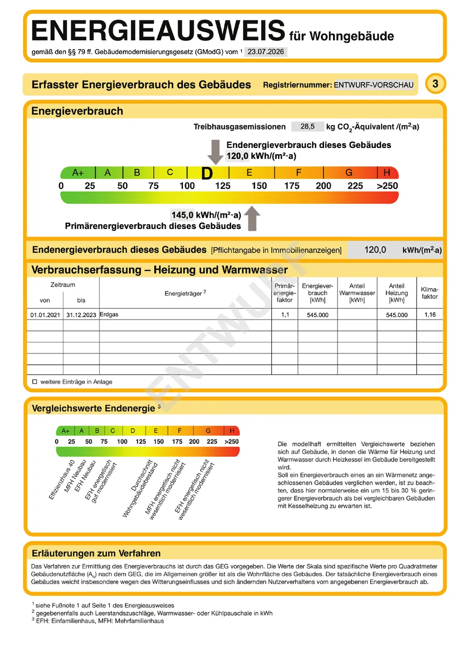 Muster eines Energieausweises für Wohngebäude, Seite 3: Energieverbrauch auf der Farbskala von A+ bis H